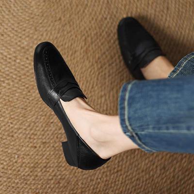 Модные туфли из коровьей кожи весна-осень на среднем каблуке без застежек на туфли-оксфорды женские с круглым носком для отдыха в офисе