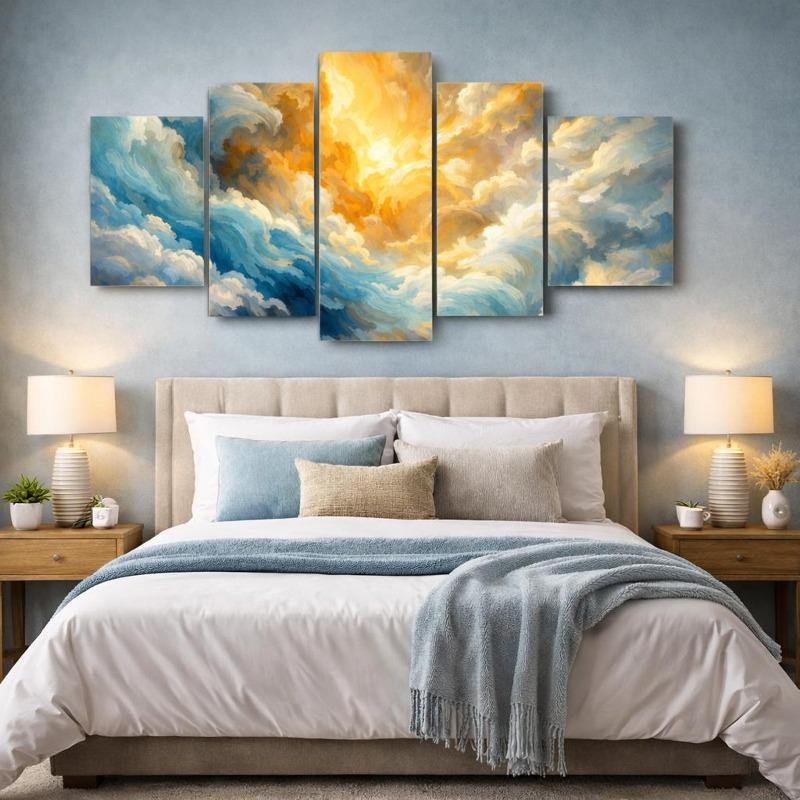 5 Piece Canvas Wall Art – Abstract Sunrise Clouds Turbine Motion Prints
