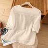 Fashionable Women's Cotton And Linen Short-sleeved Pullover Top With Embroidery, , Loose Fit, Slimming, Versatile Cotton And Linen T-shirt.