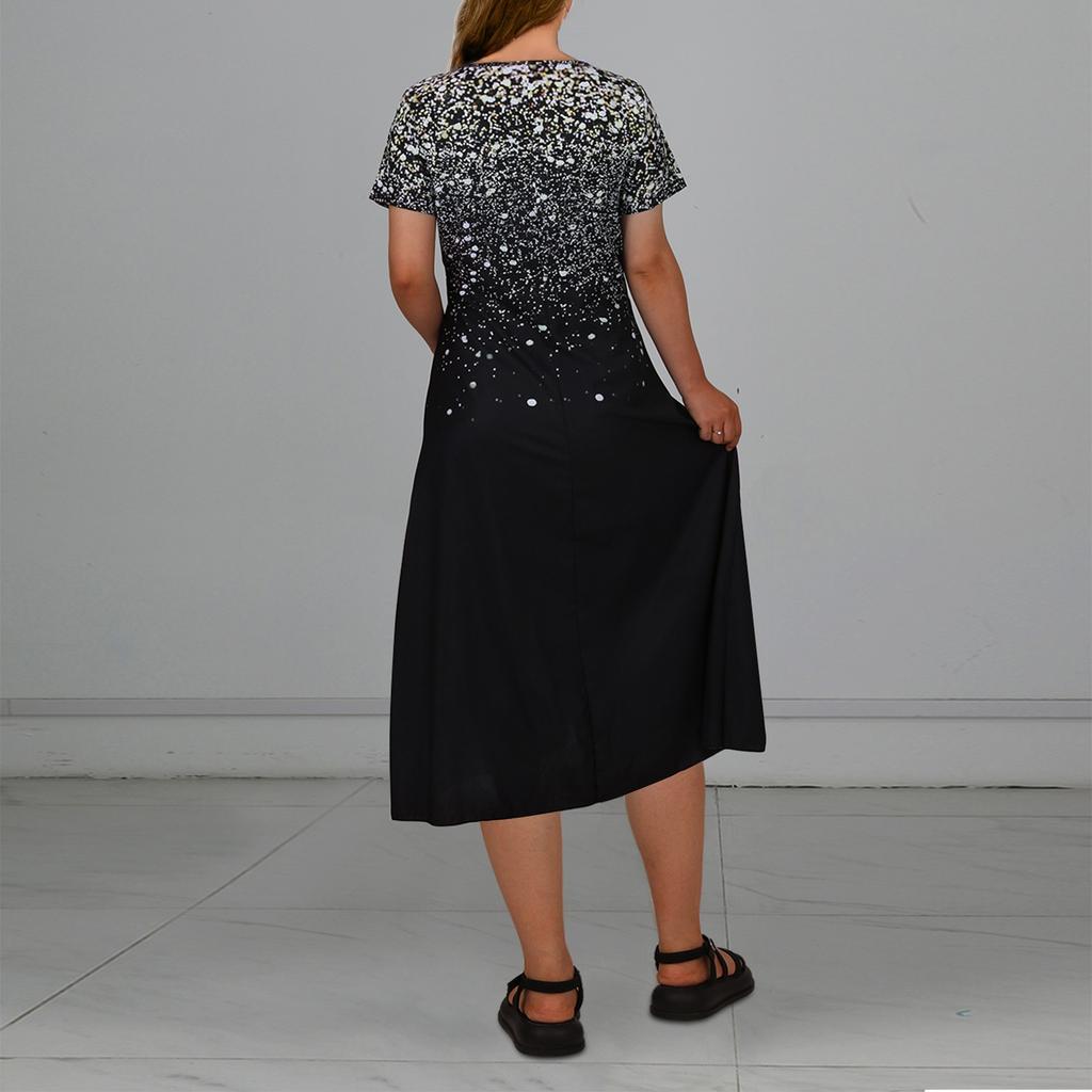 Женское повседневное большое длинное платье с v-образным вырезом и молнией с короткими рукавами и вставками с принтом