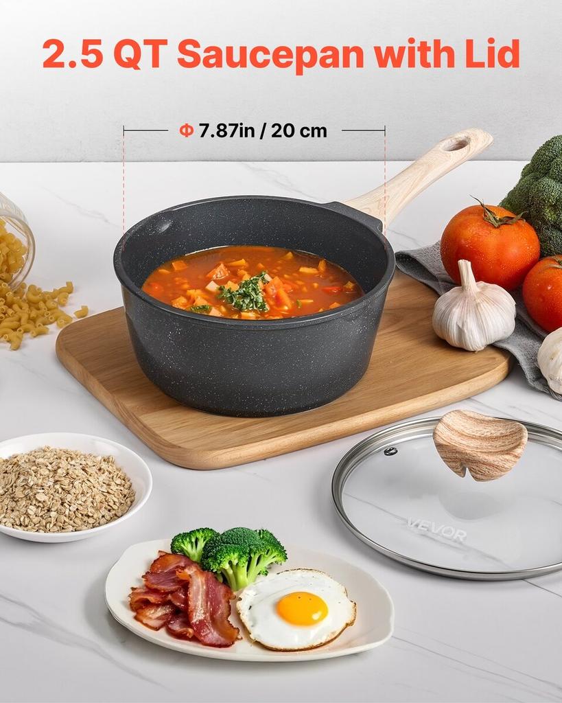 2.5 QT Saucepan, Nonstick Saucepan with Tempered Glass Lid, Multipurpose Cooking Sauce Pot with Detachable Handle, Sauce Pan Small Kitchen Cooking Pot