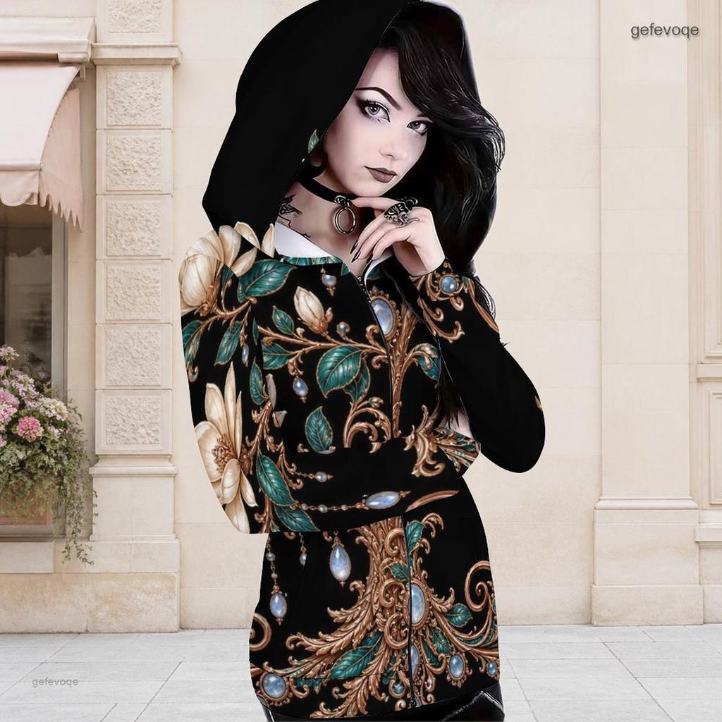 Women Plus Size Fitted Long Sleeve Hooded Top Black Gold Geometric Printed