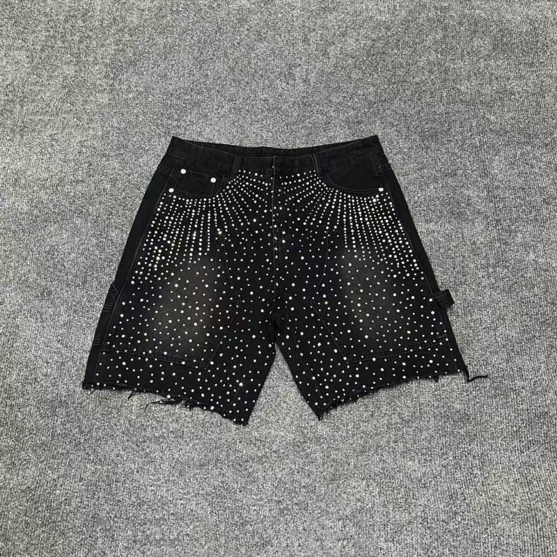 Mens Distressed Washed Denim Shorts Straight Cut Mid-Thigh With Rhinestone Embellishment Streetwear