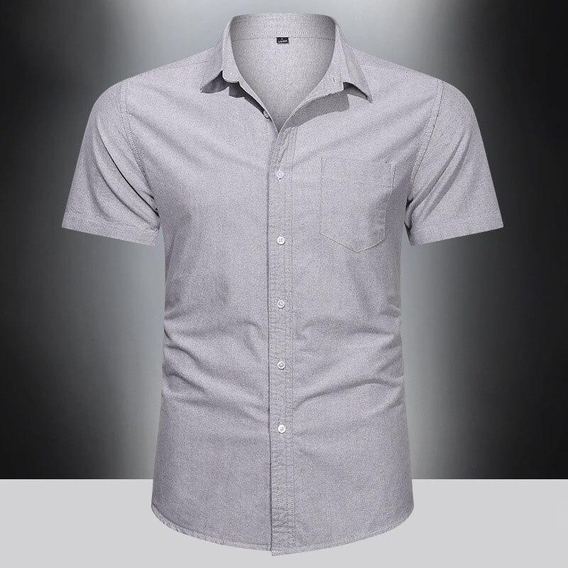 Men‘s Cotton Shirt Breathable Sweat-Absorbent Smart Casual Short-Sleeve Summer Men Solid Color Turn-Down Collar Shirts Plus Size