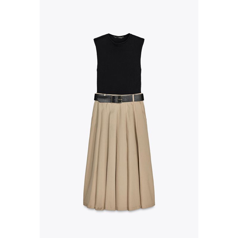 2025 New Pleated Skirt Elegant with Padded Shoulder Patchwork Round Neck Sleeveless Dress Silm Slim Looking 0387052