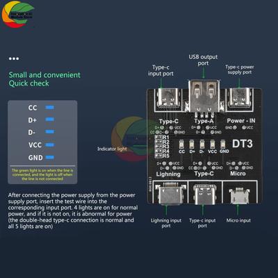 Плата для обнаружения линий данных DT3 Micro Тип-c Интерфейс USB Кабель данных USB Плата обнаружения Переключатель Тестер USB кабеля данных Портативный