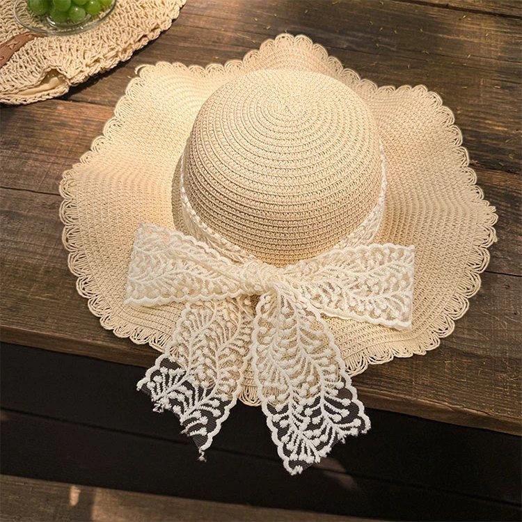 Women's Summer Outdoor Large Brim Sun Protection Fashionable Seaside Beach Sunshade Lace Straw Hat