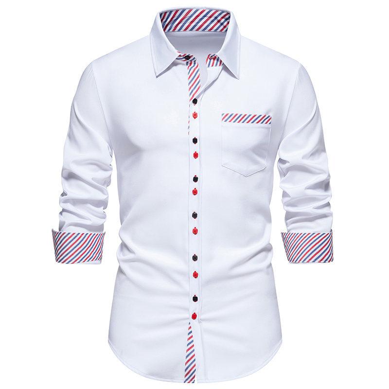 Весна-лето Треугольный воротник Полосатая цветная блокированная мужская рубашка с длинным рукавом Верхние рубашки (Мужской)