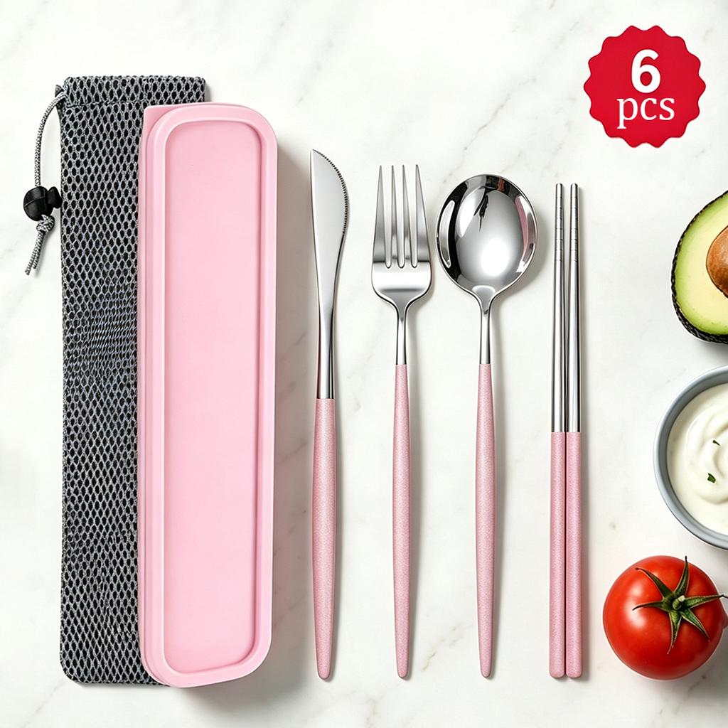 6Pcs Stainless Steel Knife Fork Spoon Chopsticks, Portable Cutlery Set, Reusable Travel Flatware Set with Storage Box & Pouch for Camping Office Lunch