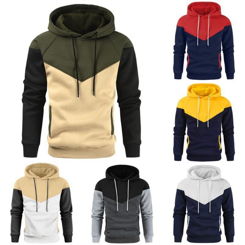 Men's Patchwork Hooded Sweatshirt Hoodies Clothing Casual Loose Fleece Warm Streetwear Male Fashion Autumn Winter Sports Outwear