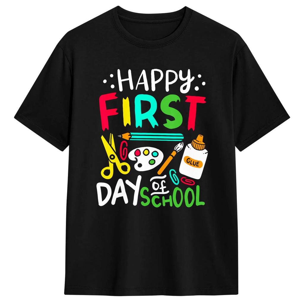 Happy First Day of School T-Shirt Summer Cotton T Shirts For Leisure Printed Tshirt Short-Sleeve Y2K Basic Tees
