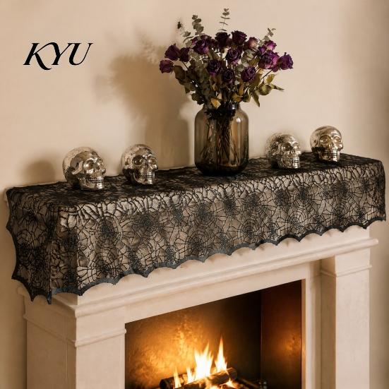Spiderweb Table Runner Halloween Runner, Black Lace Spider Web Runners, 17.7 x Vintage Cover 70.9Inch for Home Party Dinner Kitchen Mantel Bedroom