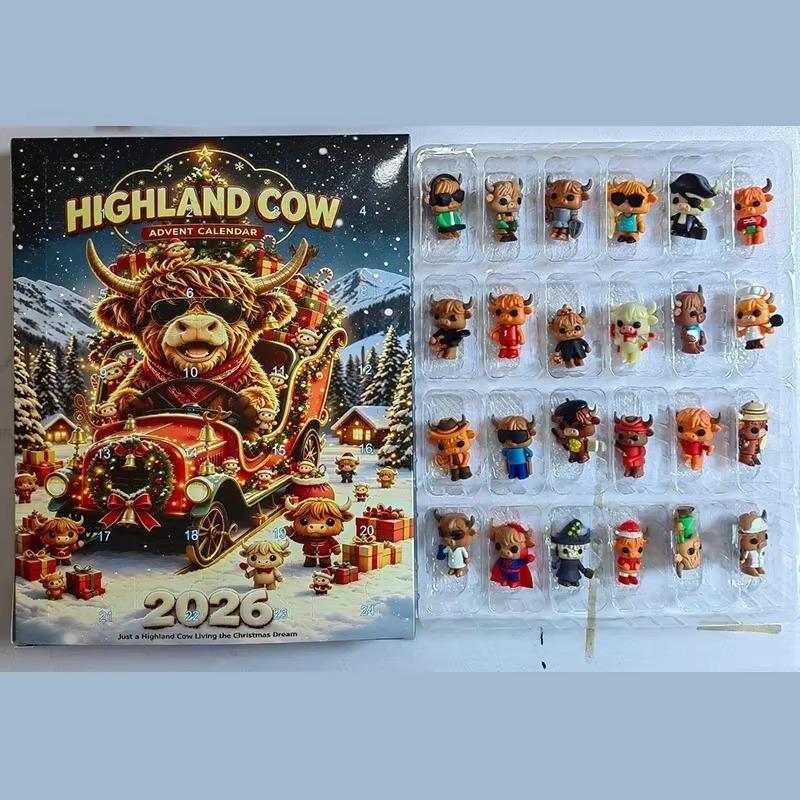2026 Highland Cow Advent Calendar 24 Days 3D Christmas Countdown Calendar Reusable Cute Festival Ornaments Set Christmas Gift