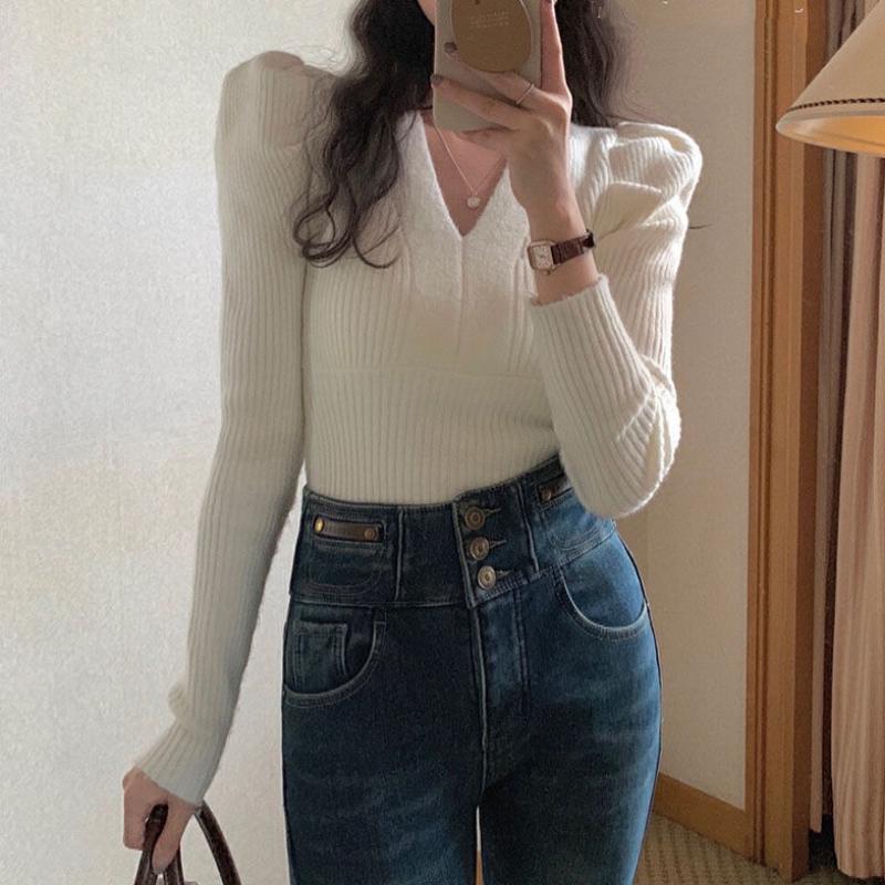 Женский пуловер, новинка 2023 года, однотонный свитер с v-образным вырезом для женщин, дизайн с вязаной подкладкой и объемными рукавами, свитер, пуловер, женский топ