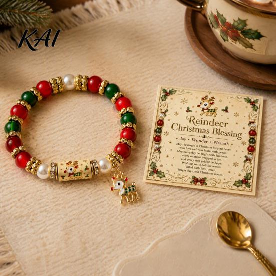 Commemorative Holiday Blessing Gift Christmas Bracelets for Women, Beaded Charm Stretch Bracelet with Stretchy Bead Girls Card, Jewelry Stocking