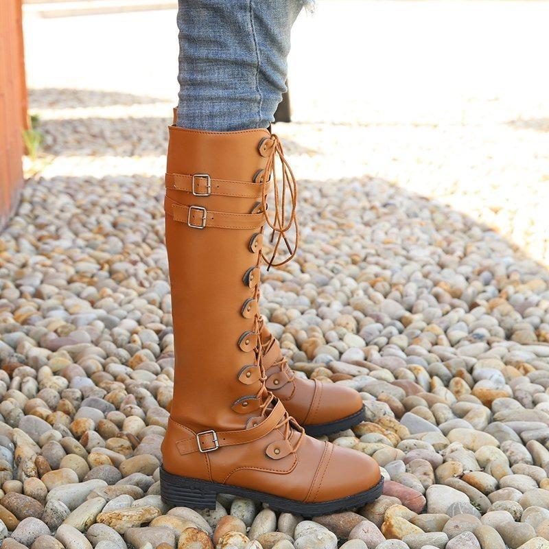 Модные женские ботфорты до колена в ретро-стиле, модные длинные ботинки в рыцарском стиле со шнуровкой, на платформе и каблуке, осенне-зимние ботинки с пряжкой для женщин D262
