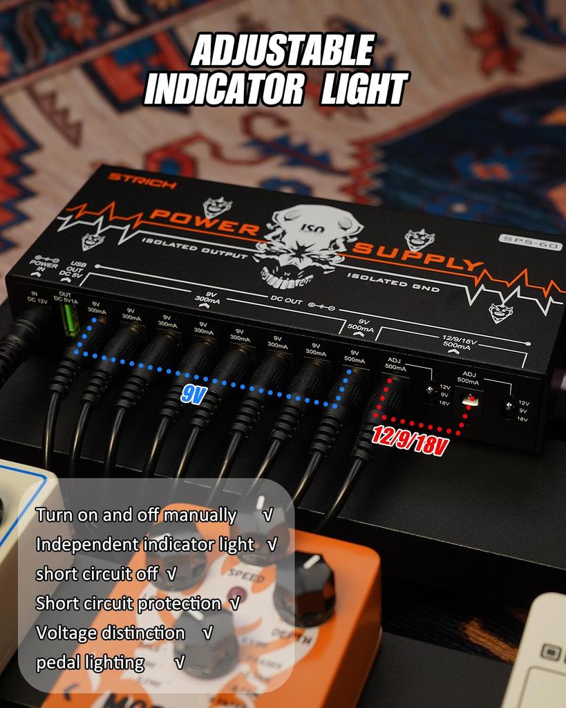STRICH Guitar Pedal Power Supply 10 Completely Separate Pedal Board Power Supply DC Output High Power and High Current Effect Pedal Noiseless SPS-60
