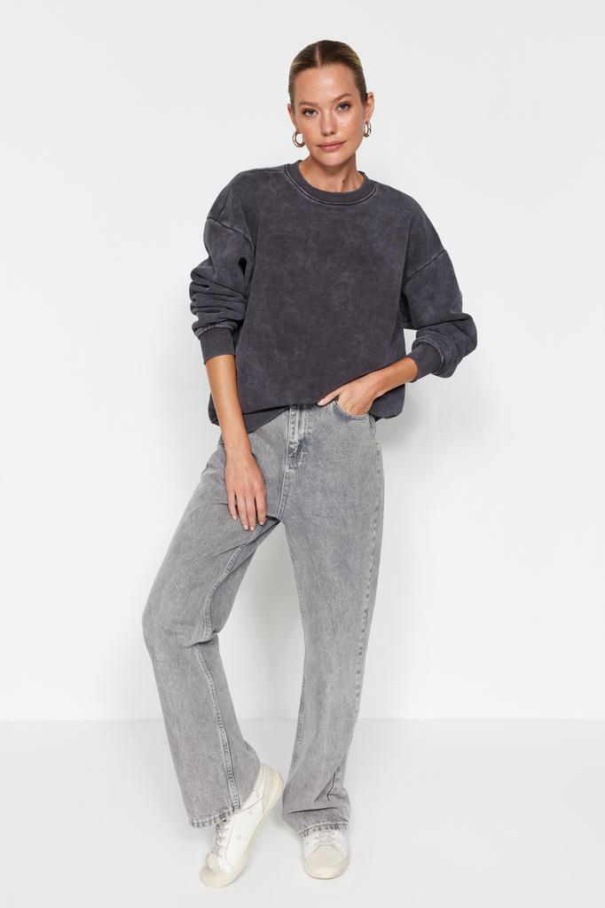 Women's Fashion New Sweatshirt Emerald Green Vintage Faded Effect Thick Inside Fleece Oversize Wide Fit Sweatshirt