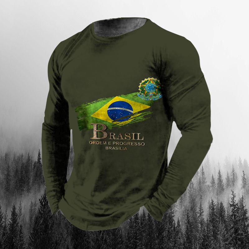 Винтажная осенняя мужская футболка с 3D принтом бразильского флага и круглым вырезом, повседневная футболка большого размера с длинными рукавами, модный пуловер, мужская одежда