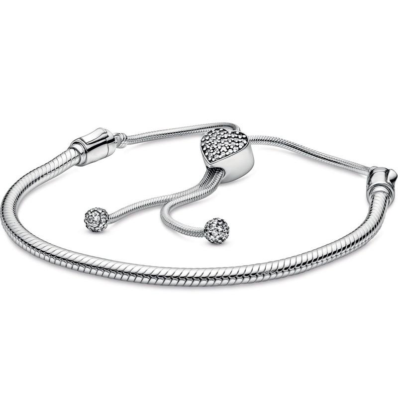 Pave Heart Star String Of Beads Sliding Clasp Adjust Wrist Bracelet Fit Sterling Tone Bangle Bead Charm Diy JewelryFashion Bracelets