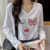 Красивые женские футболки с принтом бабочек и лиц, женские топы с длинным рукавом, пуловер с V-образным вырезом, женские футболки, футболка для женщин