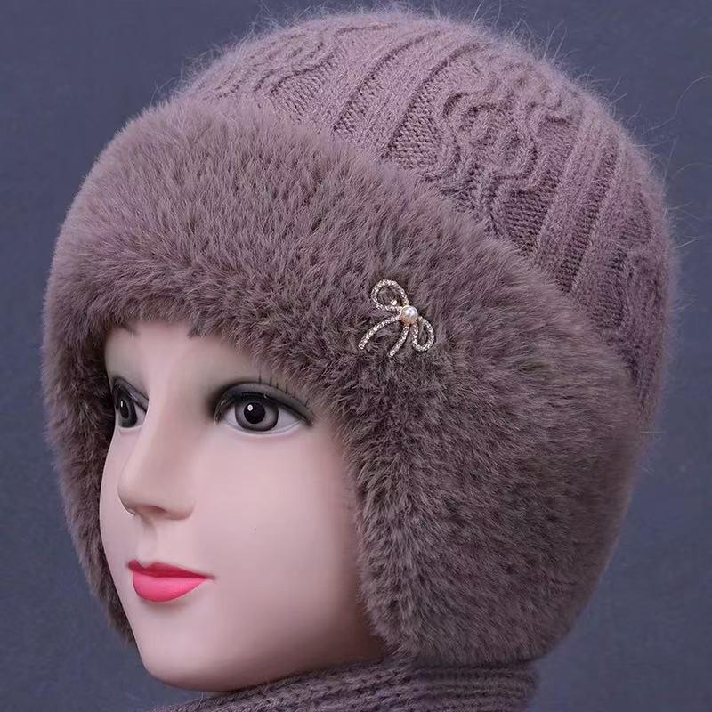 Warm Knitted Beanie Hat Women Winter Elderly Mom Cap With Ear Protection Soft Fleece Lined