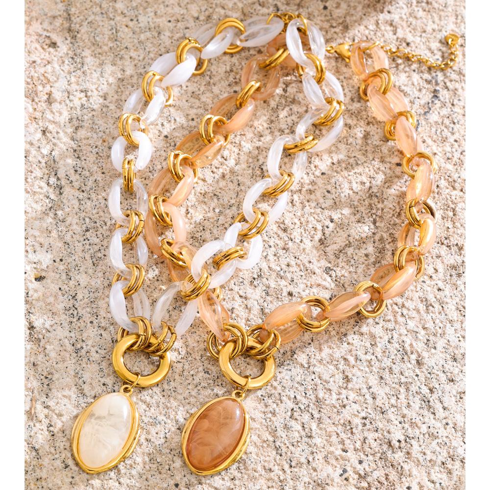 Yhpup Resin Acrylic Handmade Chain Oval Pendant Fashion Statement Necklace 18K Golden PVD Plated Trendy Waterproof Jewelry Gift