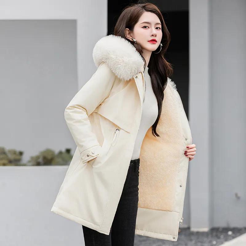 WTEMPO Winter Thickened Plush Parkas Women Large Size Casual Loose Hooded Cotton Coats Solid Color Mid-length Cold-proof Windproof Jackets