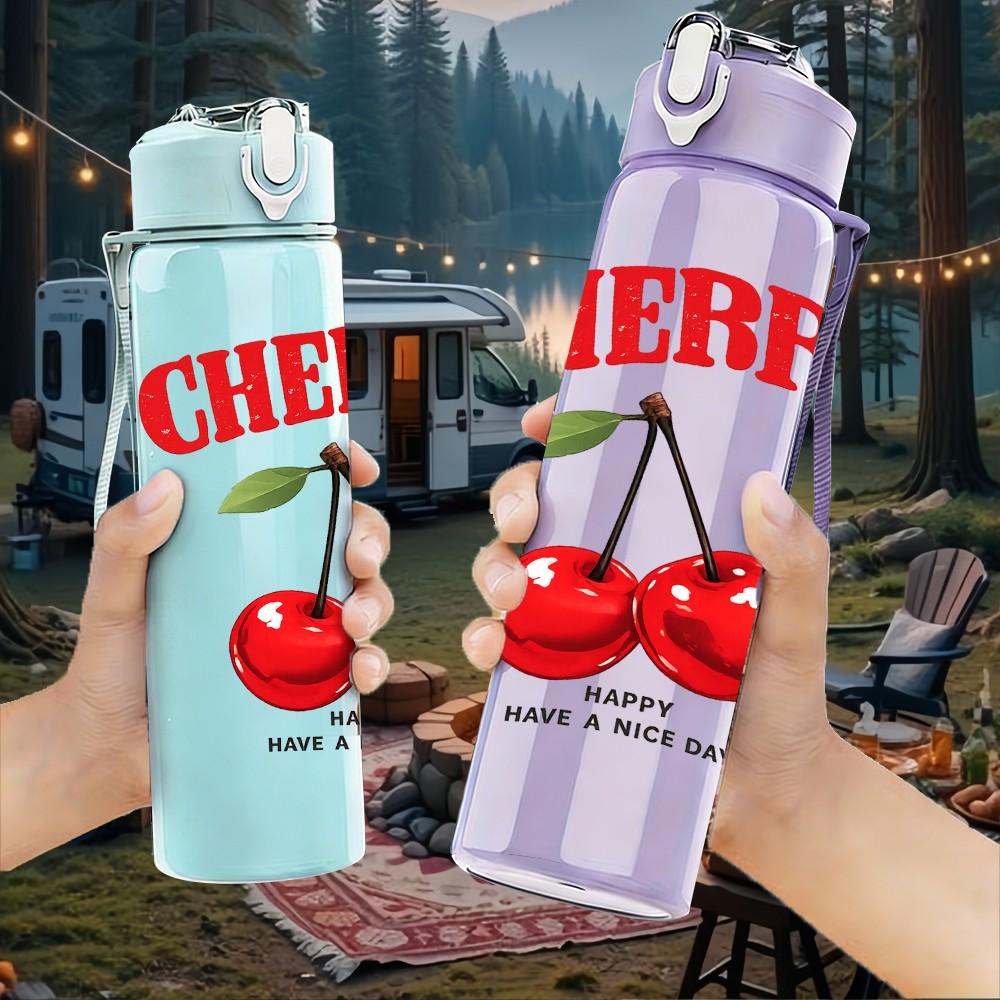 1PC Cherry Fruit Red Fresh Berry Print 750ml Color Plastic Sports Water Bottle Leakproof Flip Straw Lid Suitable for Sports Office Home Use