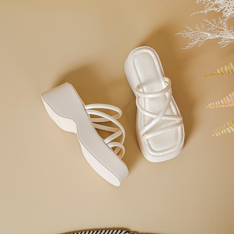 Guochao new Chinese platform sandals women's summer new silk satin square head muffin bottom wear national style cool slippers