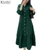 Women Casual Turn Down Collar Solid Color 3/4 Sleeve Loose Dress