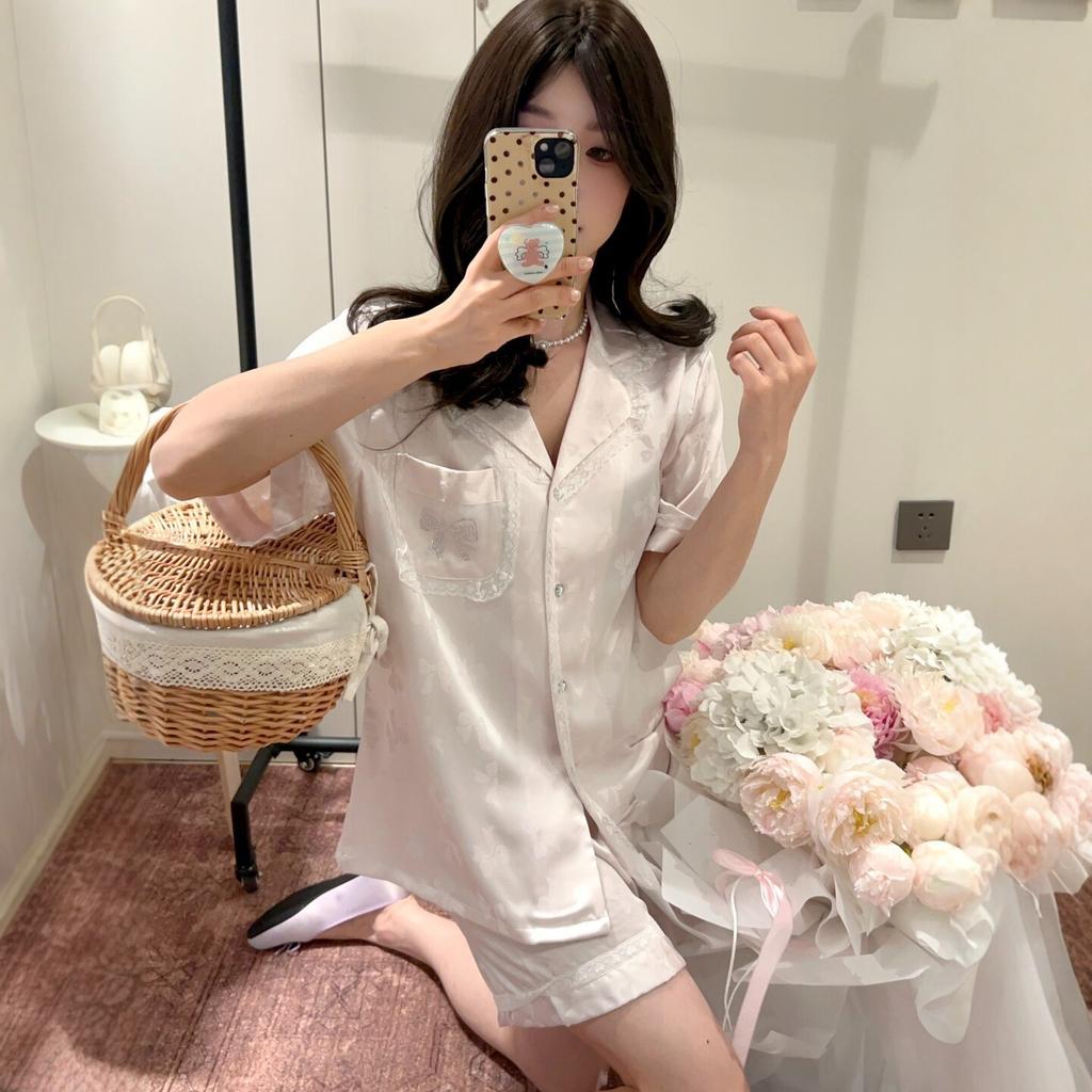 Summer ice silk thin pajamas women's pure lace short-sleeved lapel loungewear suit can be worn outside