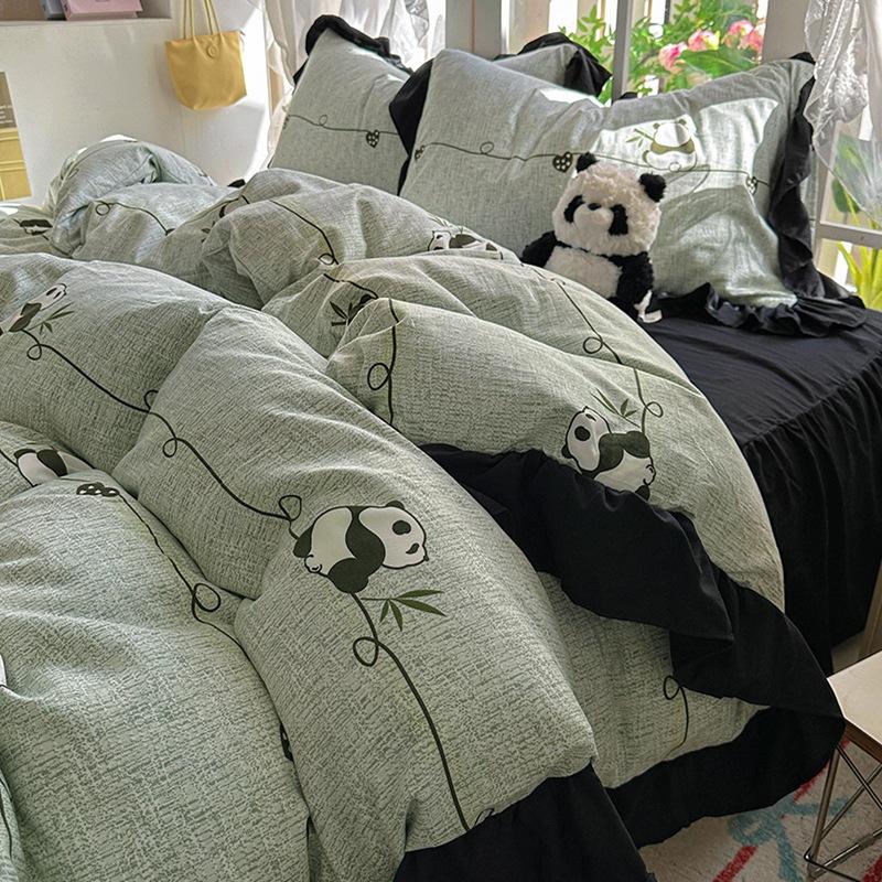 Маленький Свежий Комплект из Четырех Предметов из Чистого Хлопка Кружево Корейская Версия Стиль Принцессы Стиранный Хлопок Юбка для Кровати Пододеяльник Кремовый Стиль Постельное Белье