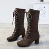 2024 зимние женские сапоги обувь 2024 винтажные ботинки на шнуровке женские круглые ковбойские высокие каблуки ботинки женские Botas Mujer
