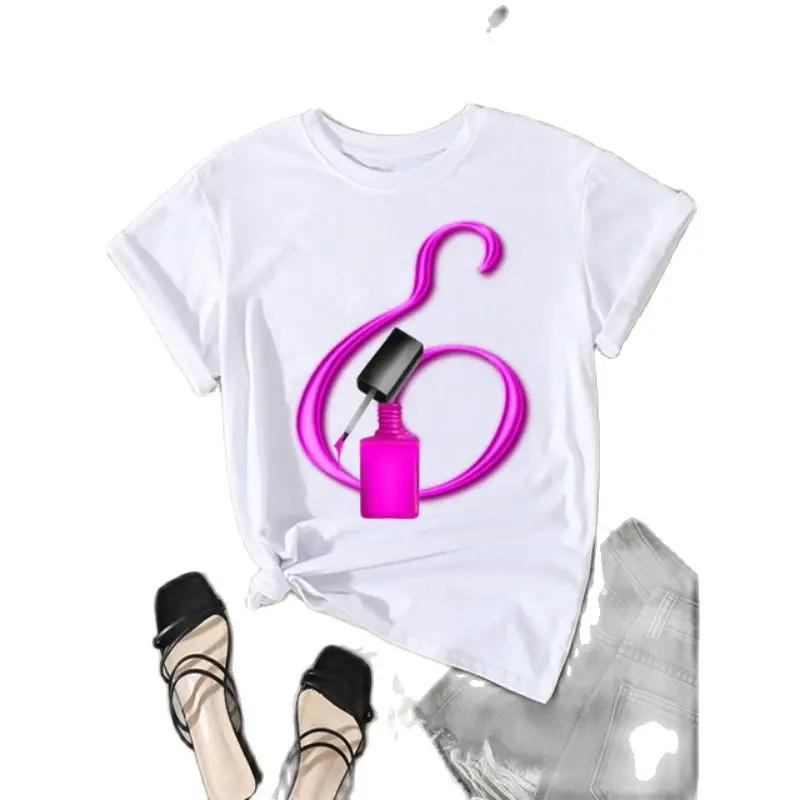Summer Women's Short Sleeve T-shirt Dazzle Nail Polish Letter Print Large Size Shirt Fashion Girl Crewneck Tshirt Aesthetic Tee