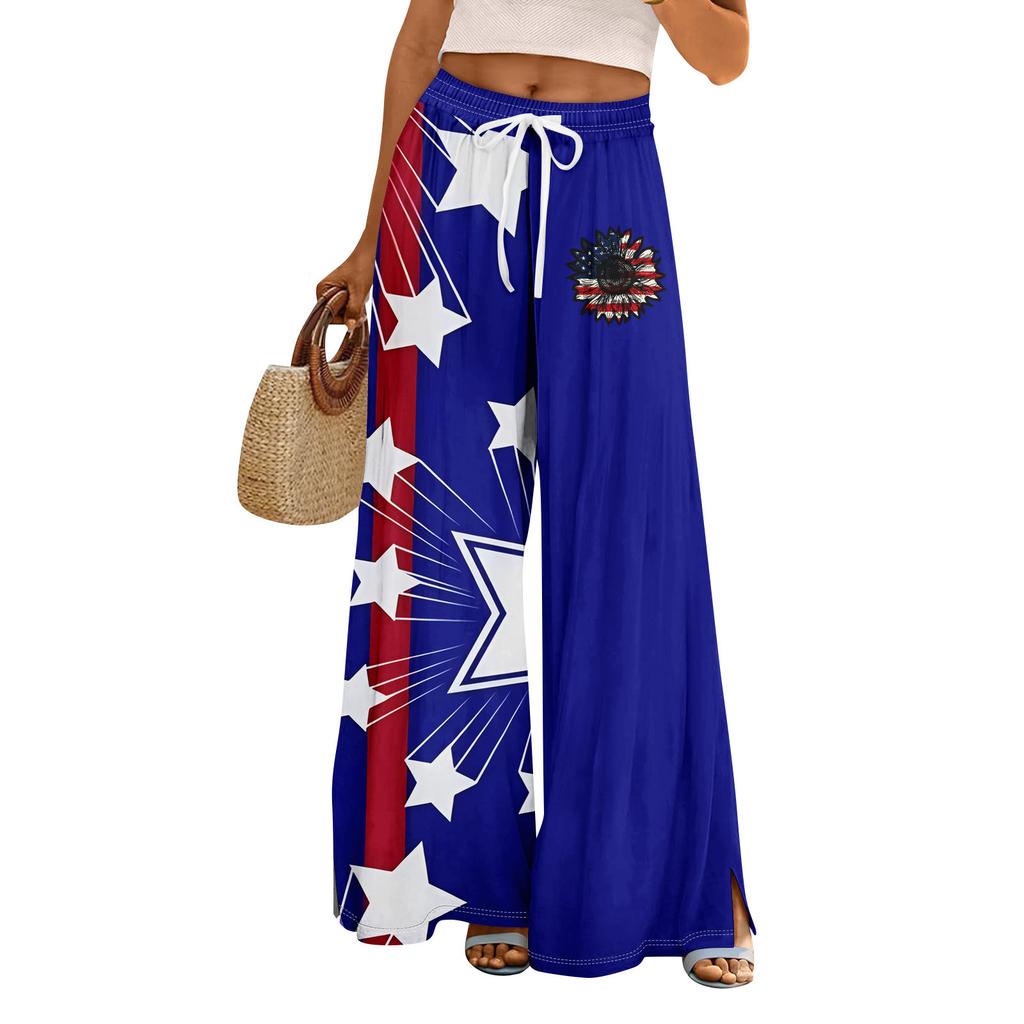 Women Summer Boho Palazzo Pants High Waist Wide Leg Independence Printing Casual Trousers With Pockets