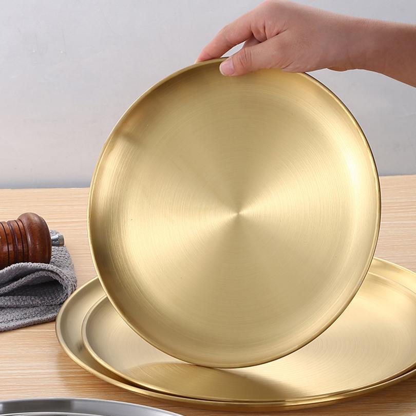 1pc New Food-grade Steel Thickened Disc Golden Cafe Tray Top Grade Dining Disc Fruit Meat Dessert Round Plate Shallow Tray