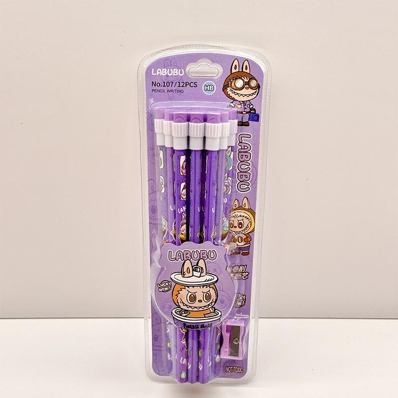 Набор из 12 мультяшных карандашей Labubu с ластиком и точилкой для карандашей, студенческие карандаши для письма и рисования, студенческие канцелярские товары, школьные принадлежности
