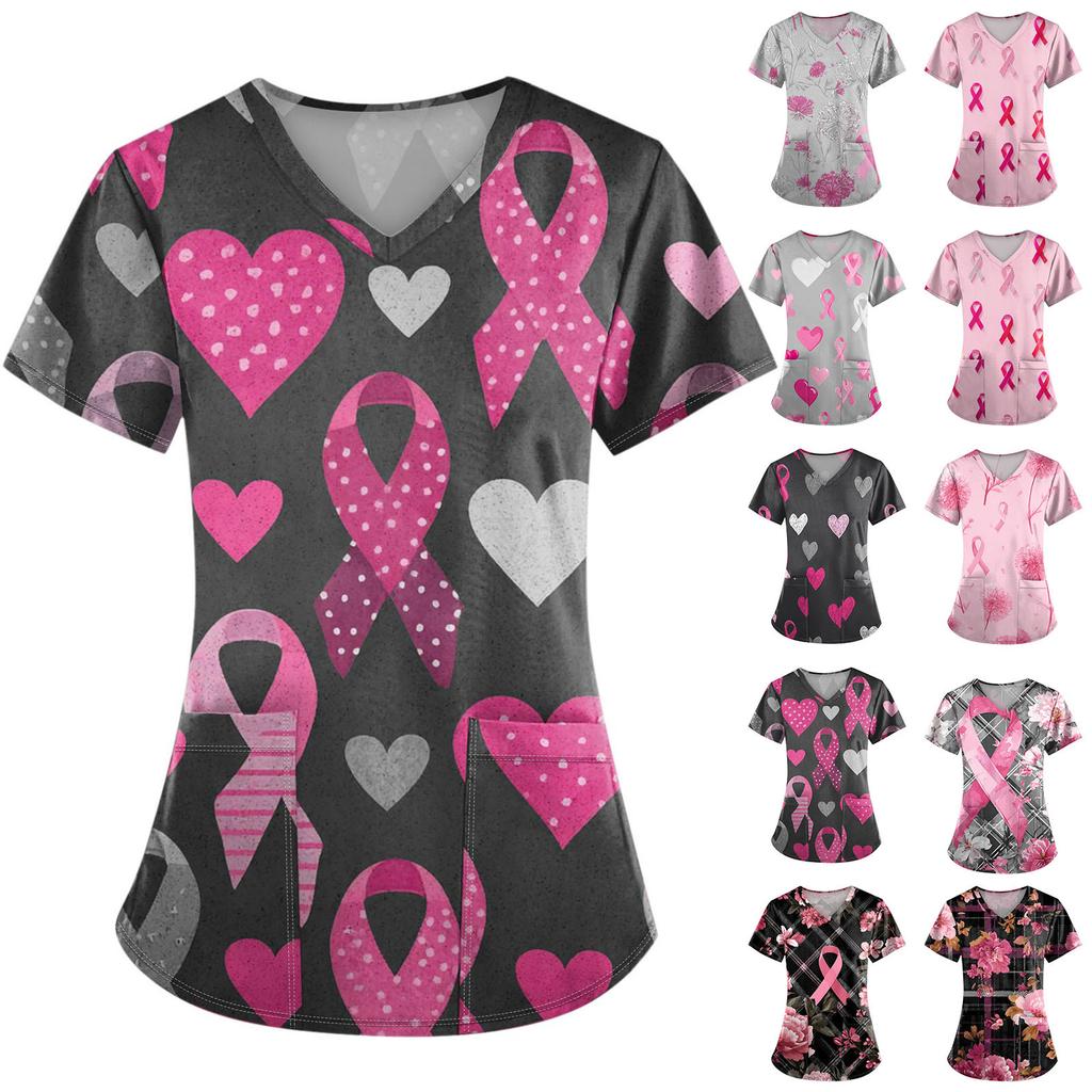 Women's Fashion V-Neck Short Sleeve Overalls With Pockets Printed Tops  Clothes