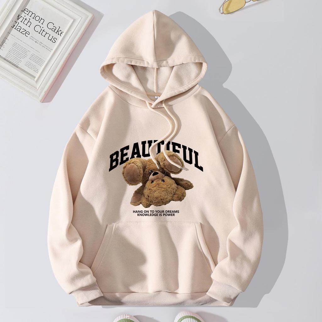 Women's Fleece-Lined Hoodie - Thick, Printed, Loose Pullover for Spring and Autumn