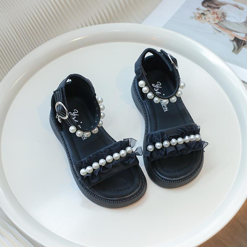 Плиссированные сандалии принцессы для девочек, детские сандалии-гладиаторы, модные детские сандалии на плоской подошве с жемчугом, однотонные сандалии с липучкой, 2024 г., новинка