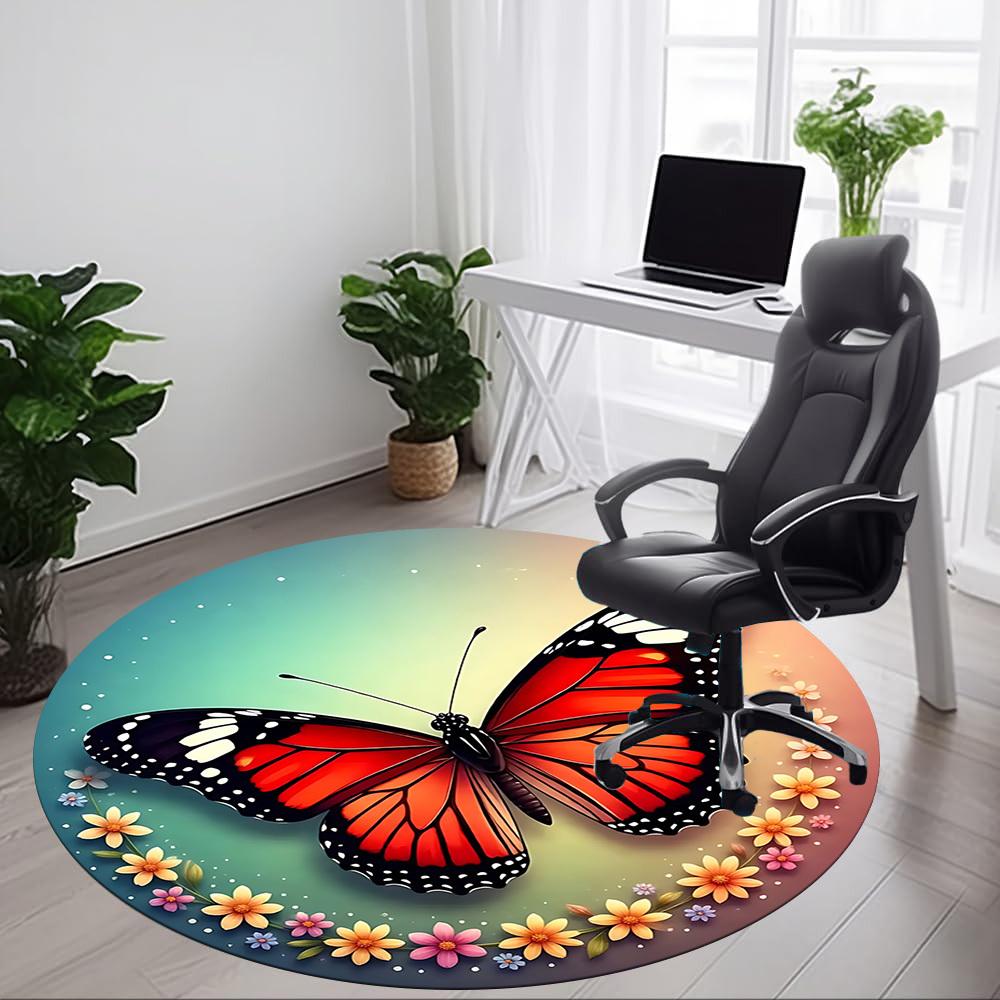 1pc Butterfly Print Chair Carpet for Office, Round Polyester Mat, Indoor Decor for Office, Washable Non-slip Carpet yy251219008