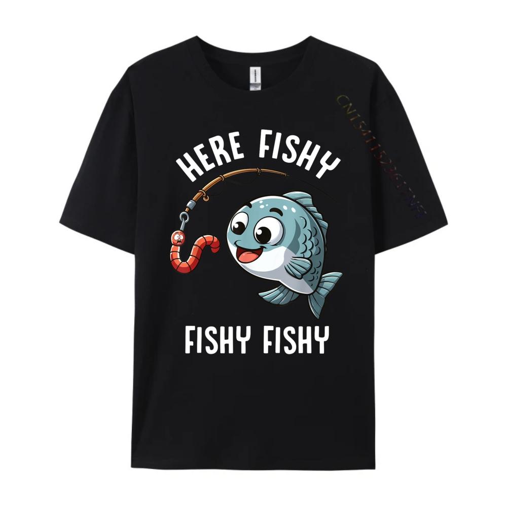 Here Fishy Fishing Funny Worm Cute Fish Fisherman Oversized T Shirt Men Summer Original Mens TShirts Character New Tshirt