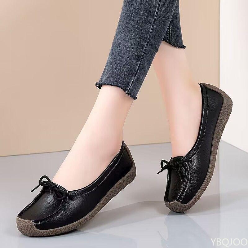 Летние мамины туфли класса люкс Подошва из коровьей жилы Женские балетки Нескользящие туфли с мелким вырезом и мягкой подошвой Однотонные на шнуровке Плоские 2026