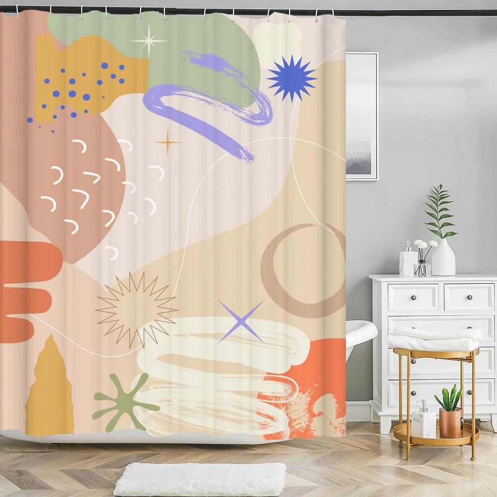 Nordic Style Abstract Art Leaves Print Shower Curtain Waterproof Polyester Bath Curtain Color Block Curtains For Bathroom Decor