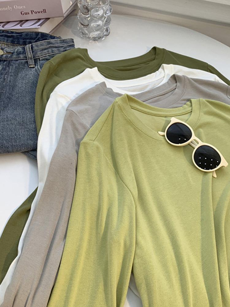 Women's Glutinous Rice Crew Neck Long Sleeve Soft T-Shirt - Spring Friendly, Solid Color, Drapey Base Layer.