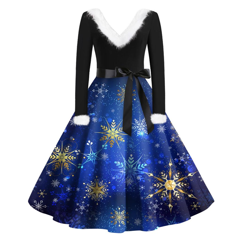 Женская мода с v-образным вырезом, повседневные тонкие рождественские шерстяные платья с длинным рукавом с принтом