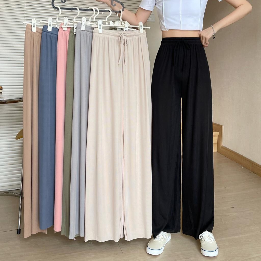 Ice Silk Wide-legged Pant Women's Summer High-waisted Drape Cool Dragging Straight Trousers Casual Thin Sun Trousers