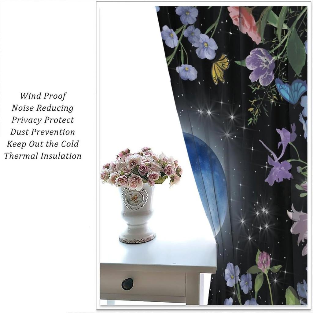 Wildflower Moon Curtains for Kitchen, Spring Flower Star Starry Night Sky Blue Full Moon Farmhouse Plant Botanical Nature Window
