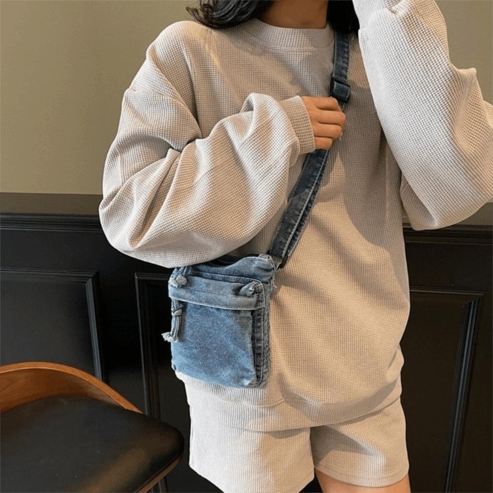 Multi-Pocket Denim Shoulder Bag Zipper Closure Messenger Bag Casual Canvas Crossbody Bag  Women